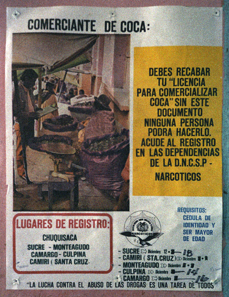 Affiche, règlement municipal concernant la vente de la coca, Tarabuco, Bolivie
