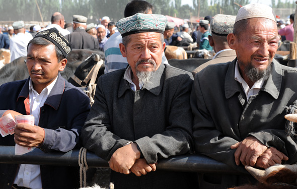 Négociants ouïghours, marché des animaux, Kashgar, Xinjiang, Chine