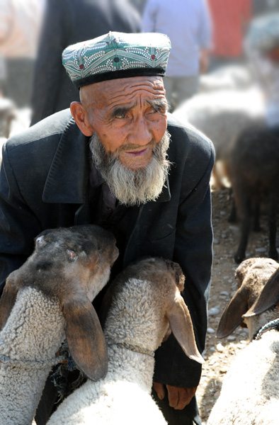 Vendeur de moutons, march des animaux, Kashgar, Xinjiang, Chine