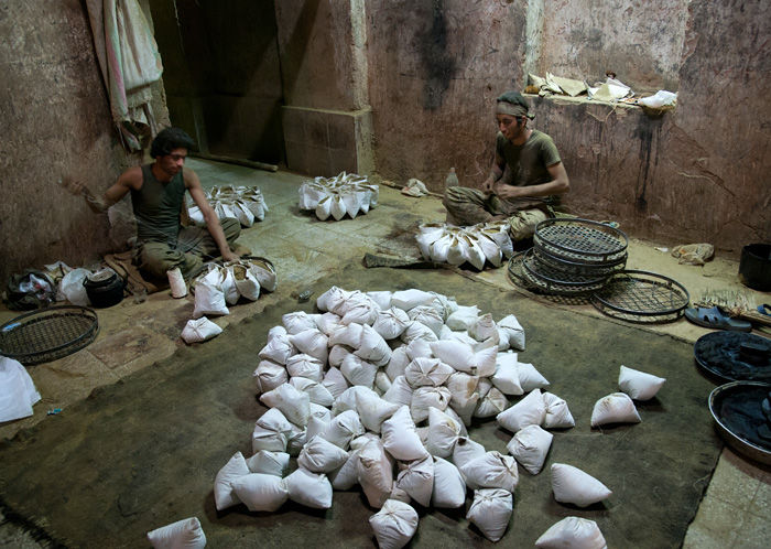 Emballage du henn moulu, Yazd, Iran,