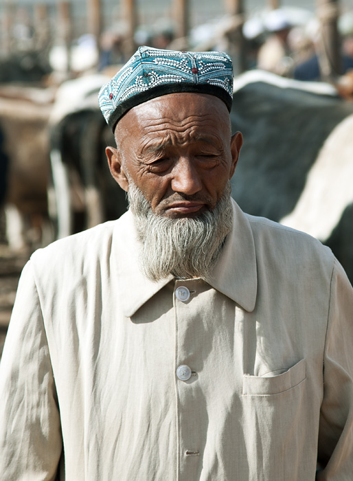 Vendeur ouïgour, marché des animaux, Kashgar, Xinjiang, Chine