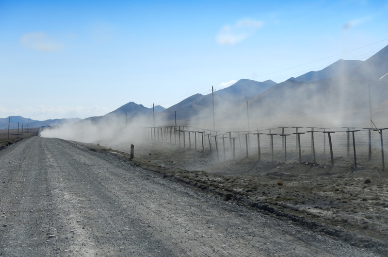 Clture lectrifie, frontire avec la Chine, col de Torugart, Kirghizistan,