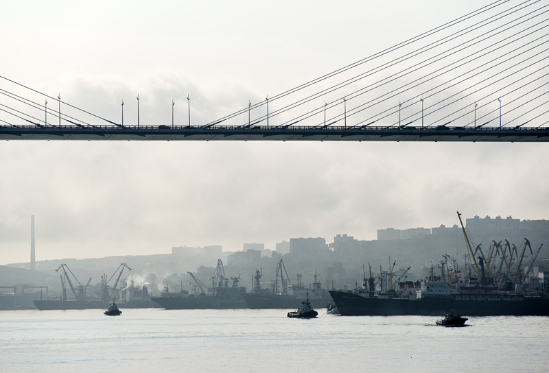Le port de Vladivostok et le pont Zolotoï Rog, kraï de Primorie, Vladivostok, Russie