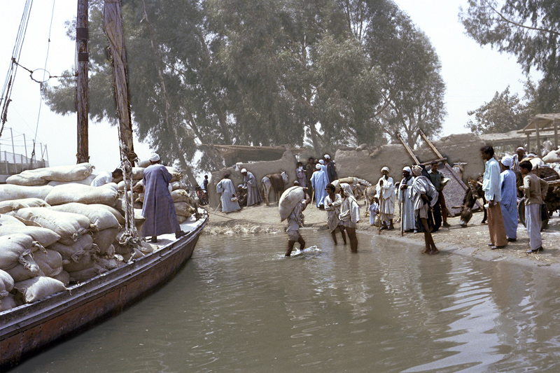 Dchargement d'une felouque, Al Aqaltah, Louxor, Egypte