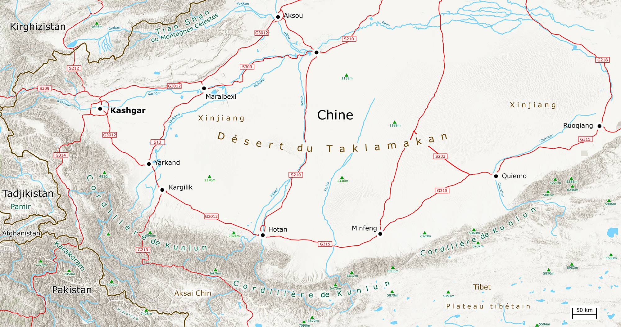 Carte du désert du Taklamakan.