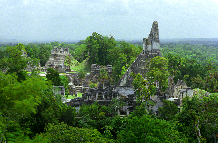 Vue de la cité Maya de Tikal depuis le temple II, jungle du Petén, Guatemala